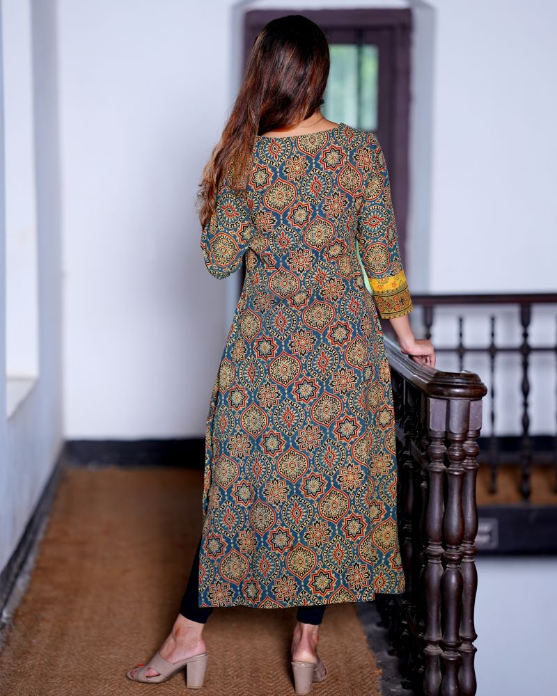 Ajrakh Cotton Y neck Straight cut Kurta with 3/4 Sleeves , Bottle Green, KA1028