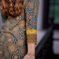 Ajrakh Cotton Y neck Straight cut Kurta with 3/4 Sleeves , Bottle Green, KA1028