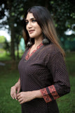 Ajrakh Cotton V Collar A Line Kurta, Black, KA1029
