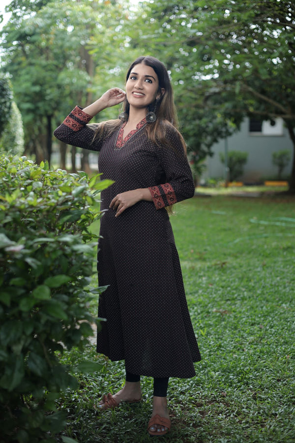 Ajrakh Cotton V Collar A Line Kurta, Black, KA1029