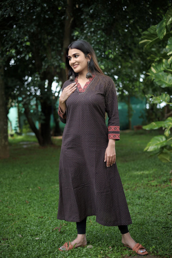 Ajrakh Cotton V Collar A Line Kurta, Black, KA1029
