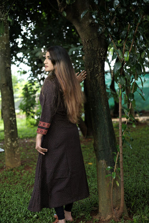 Ajrakh Cotton V Collar A Line Kurta, Black, KA1029