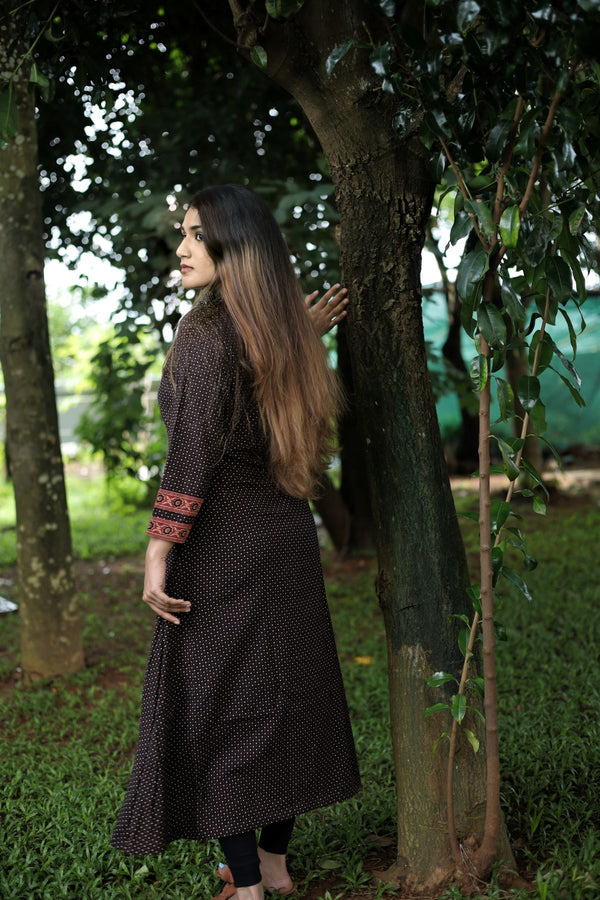 Ajrakh Cotton V Collar A Line Kurta, Black, KA1029