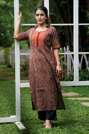 Ajrakh Cotton Y neck Straight Cut Kurta with Half Sleeves, Brown, KA1032