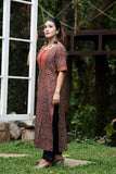 Ajrakh Cotton Y neck Straight Cut Kurta with Half Sleeves, Brown, KA1032