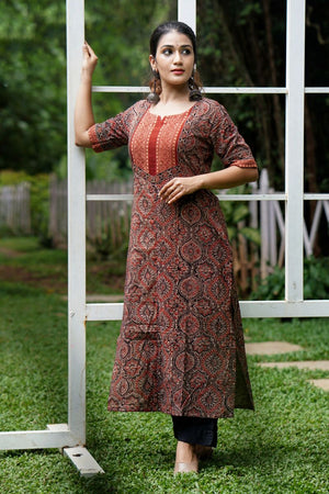 Ajrakh Cotton Y neck Straight Cut Kurta with Half Sleeves, Brown, KA1032