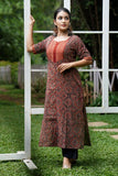 Ajrakh Cotton Y neck Straight Cut Kurta with Half Sleeves, Brown, KA1032