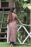 Ajrakh Cotton Y neck Straight Cut Kurta with Half Sleeves, Brown, KA1032