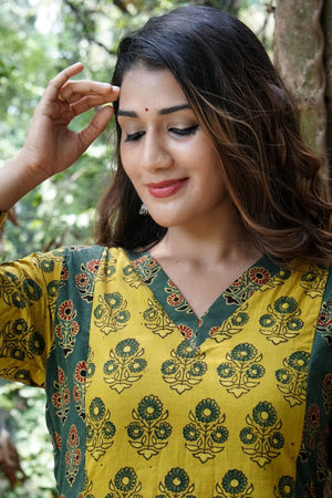 Ajrakh Cotton V neck Straight Cut Kurta with 3/4  Sleeves, Yellow- Green , KA1033