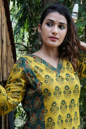 Ajrakh Cotton V neck Straight Cut Kurta with 3/4  Sleeves, Yellow- Green , KA1033