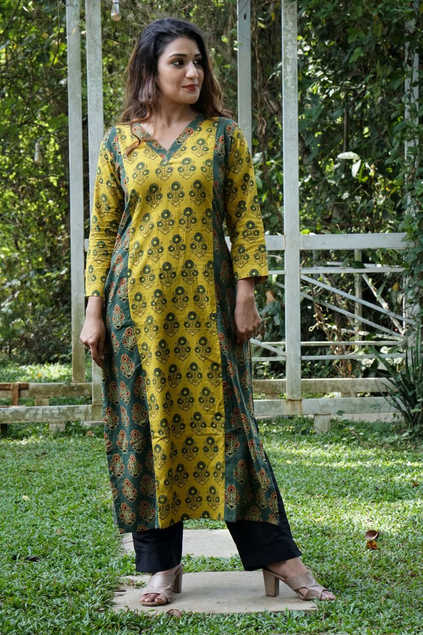 Ajrakh Cotton V neck Straight Cut Kurta with 3/4  Sleeves, Yellow- Green , KA1033