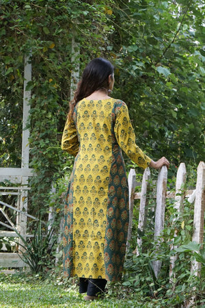 Ajrakh Cotton V neck Straight Cut Kurta with 3/4  Sleeves, Yellow- Green , KA1033