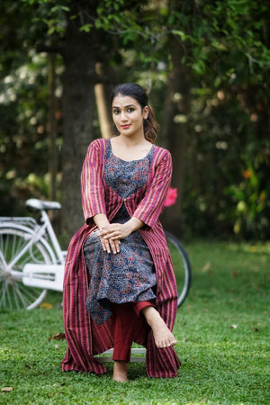 Ajrakh Cotton Jacket Style Layered A Line  Kurta,  Red - Indigo blue , KA1035
