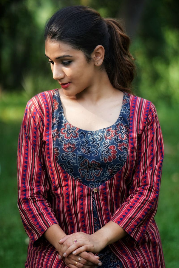 Ajrakh Cotton Jacket Style Layered A Line  Kurta,  Red - Indigo blue , KA1035