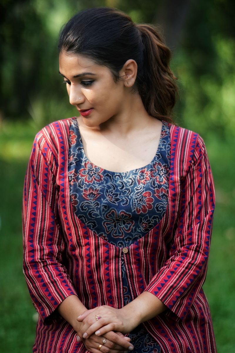 Ajrakh Cotton Jacket Style Layered A Line  Kurta,  Red - Indigo blue , KA1035