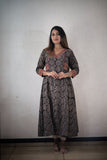 Ajrakh Cotton V Neck Pleated Kurta with 3/4 Sleeves and Piping Details, Black, KA1036