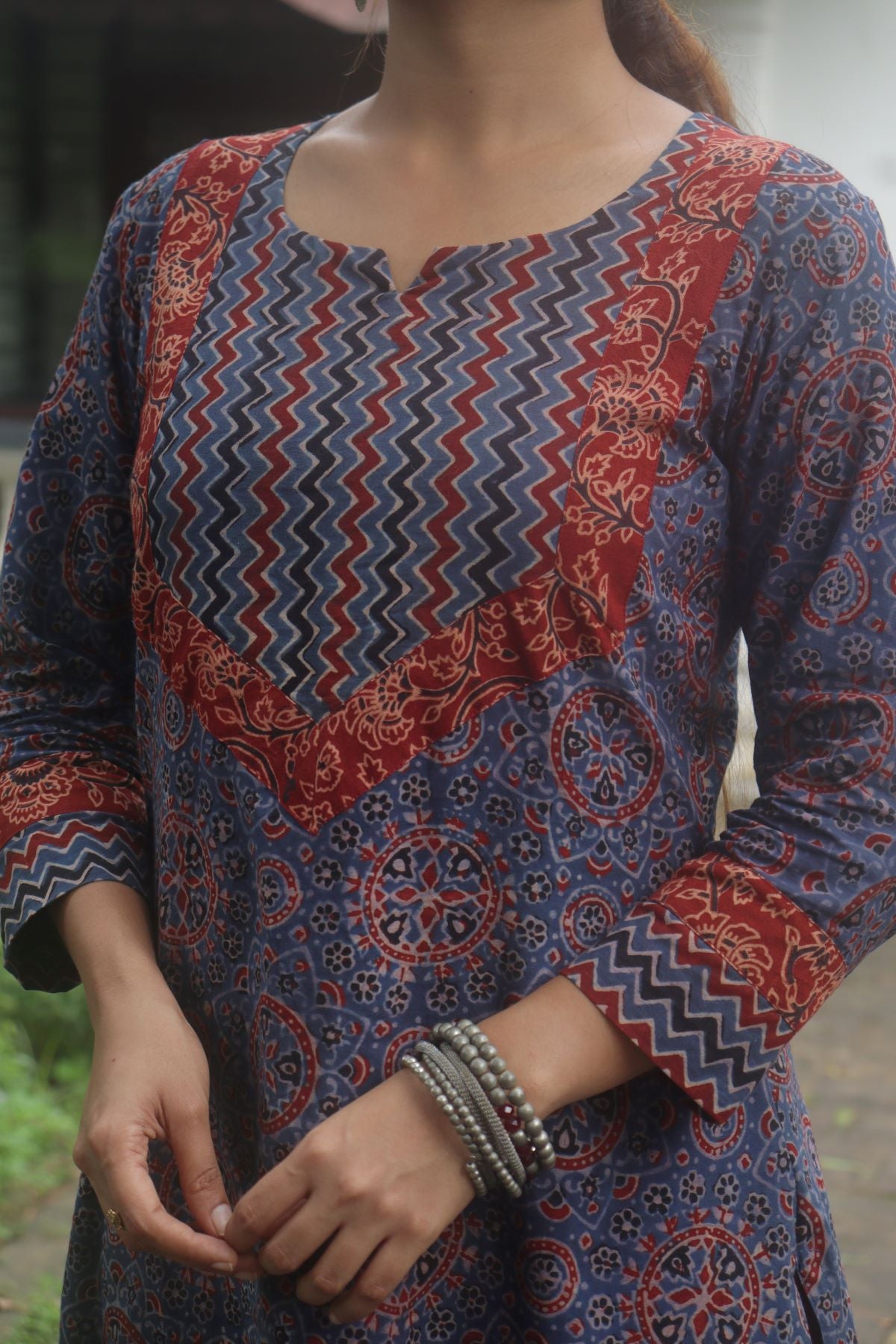 Ajrakh Cotton Y Neck Straight Cut Kurta with 3/4 Sleeves, Indigo Blue, KA1037
