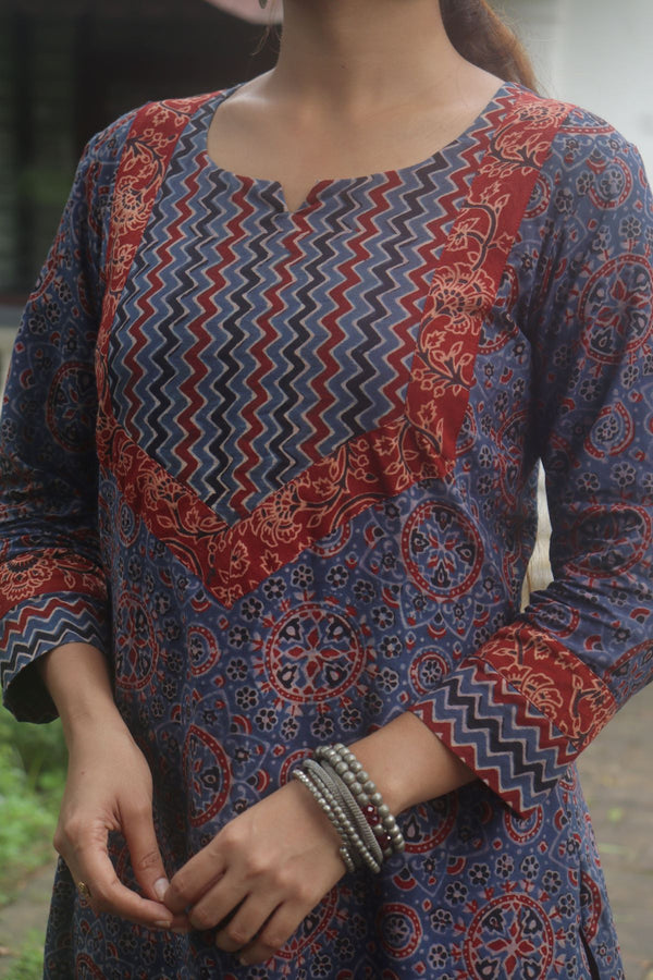 Ajrakh Cotton Y Neck Straight Cut Kurta with 3/4 Sleeves, Indigo Blue, KA1037