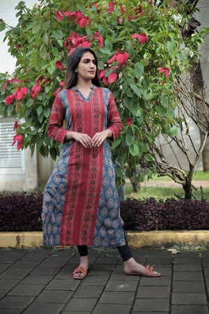Ajrakh Cotton V Neck with Collar Paneled Straight Cut Kurta , Red - Blue, KA1039