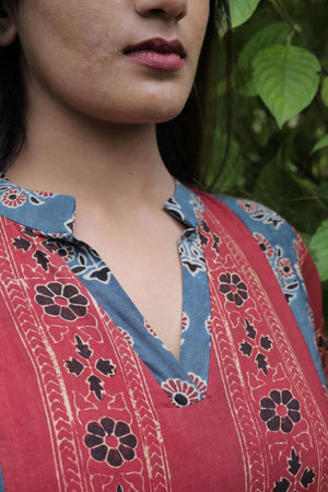 Ajrakh Cotton V Neck with Collar Paneled Straight Cut Kurta , Red - Blue, KA1039