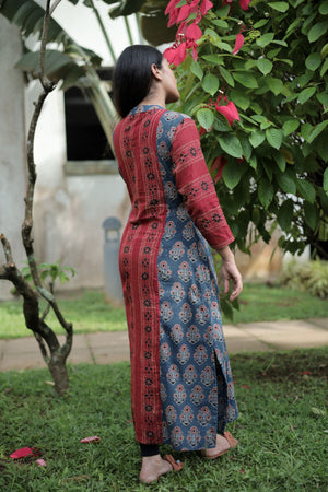 Ajrakh Cotton V Neck with Collar Paneled Straight Cut Kurta , Red - Blue, KA1039