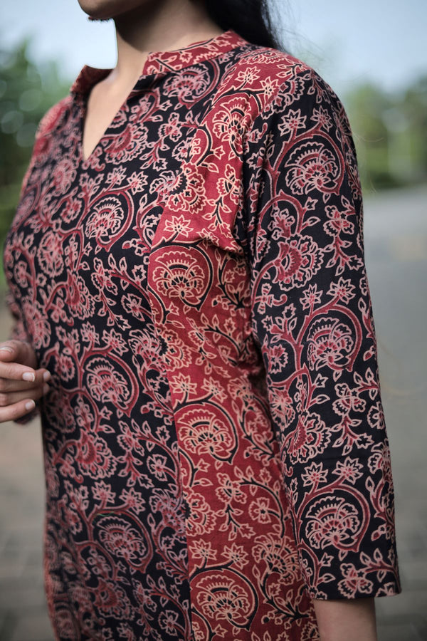 Ajrakh Cotton V Neck with Collar Paneled Straight Cut Kurta , Black - Maroon , KA1040