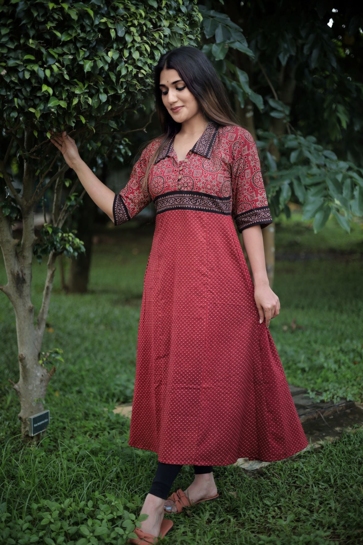 Ajrakh Cotton Paneled Kurta with Collar & Wooden Button Details , Maroon , KA1041