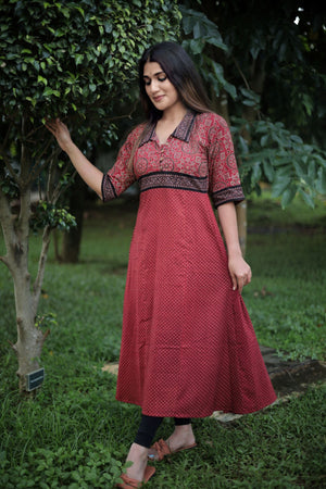 Ajrakh Cotton Paneled Kurta with Collar & Wooden Button Details , Maroon , KA1041