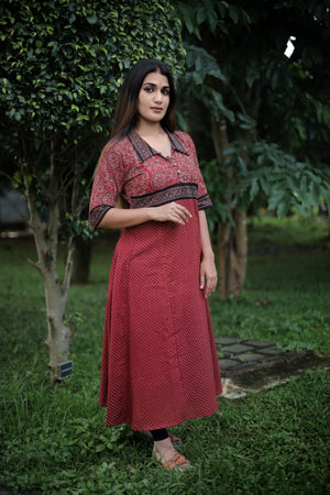 Ajrakh Cotton Paneled Kurta with Collar & Wooden Button Details , Maroon , KA1041