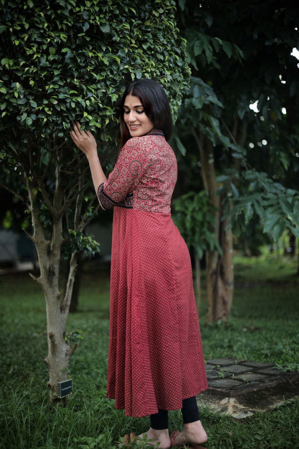 Ajrakh Cotton Paneled Kurta with Collar & Wooden Button Details , Maroon , KA1041