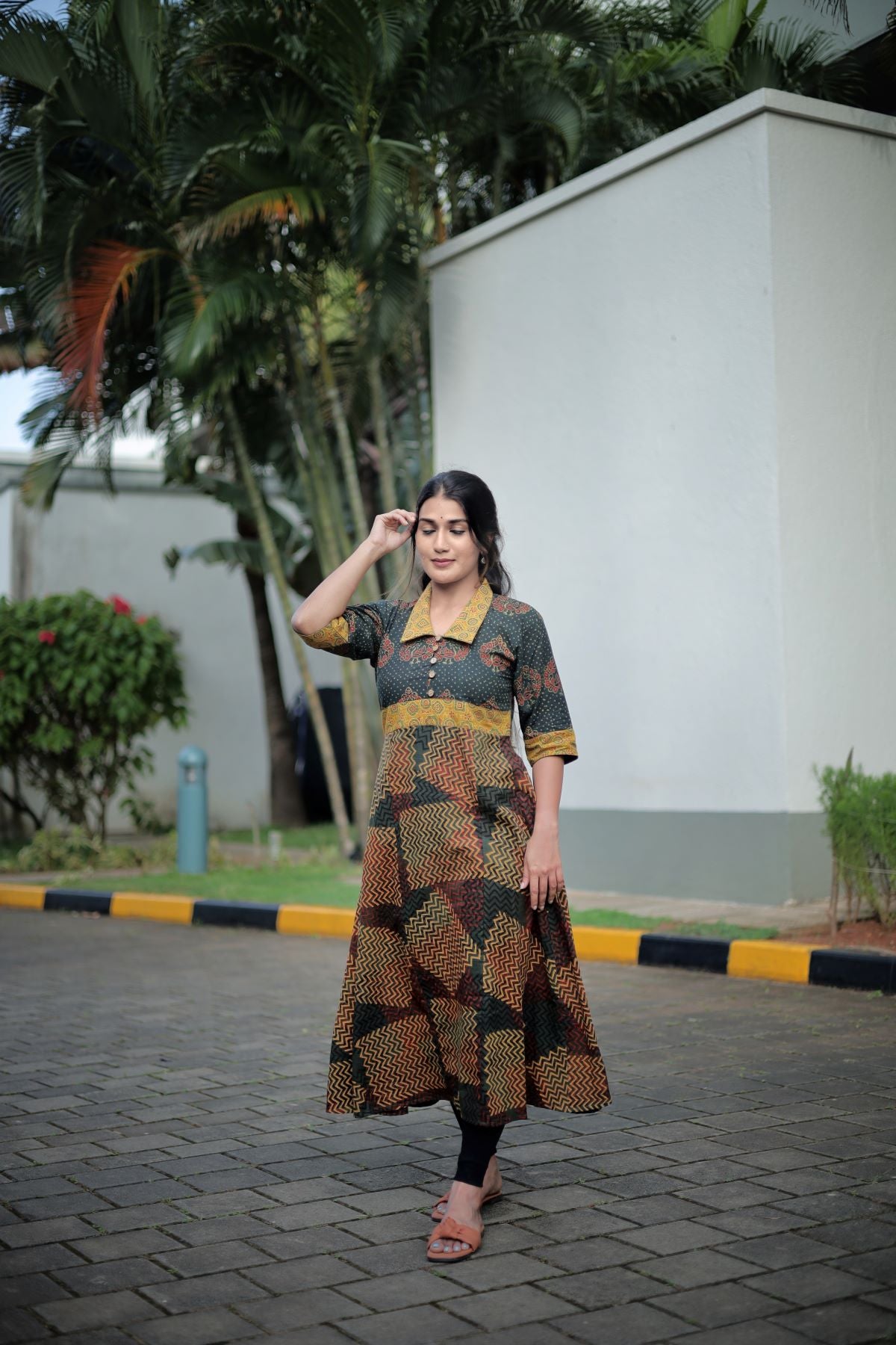 Ajrakh Cotton Paneled Kurta with Collar & Wooden Button Details , Bottle Green - Mustard Yellow , KA1042