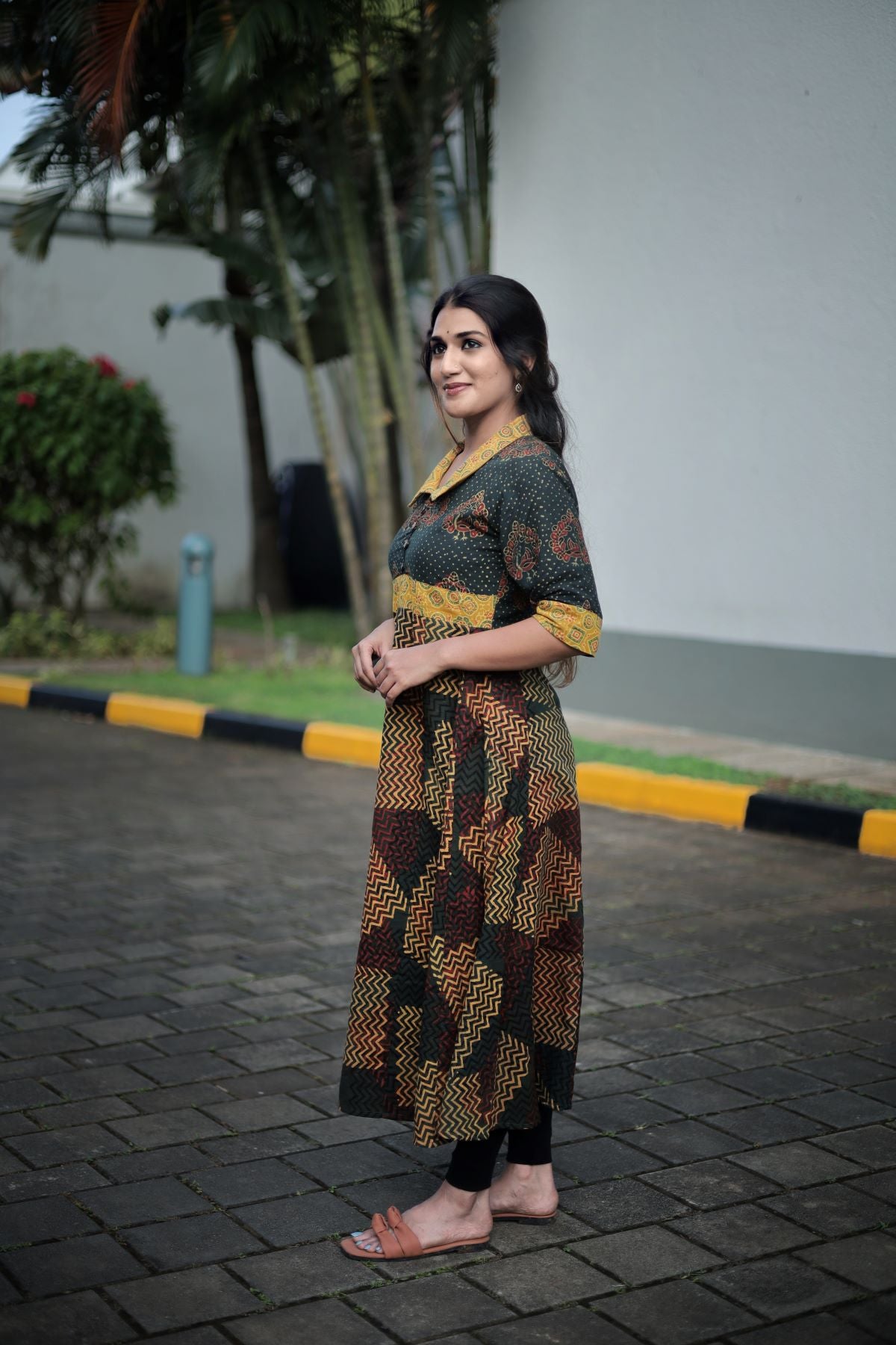 Ajrakh Cotton Paneled Kurta with Collar & Wooden Button Details , Bottle Green - Mustard Yellow , KA1042