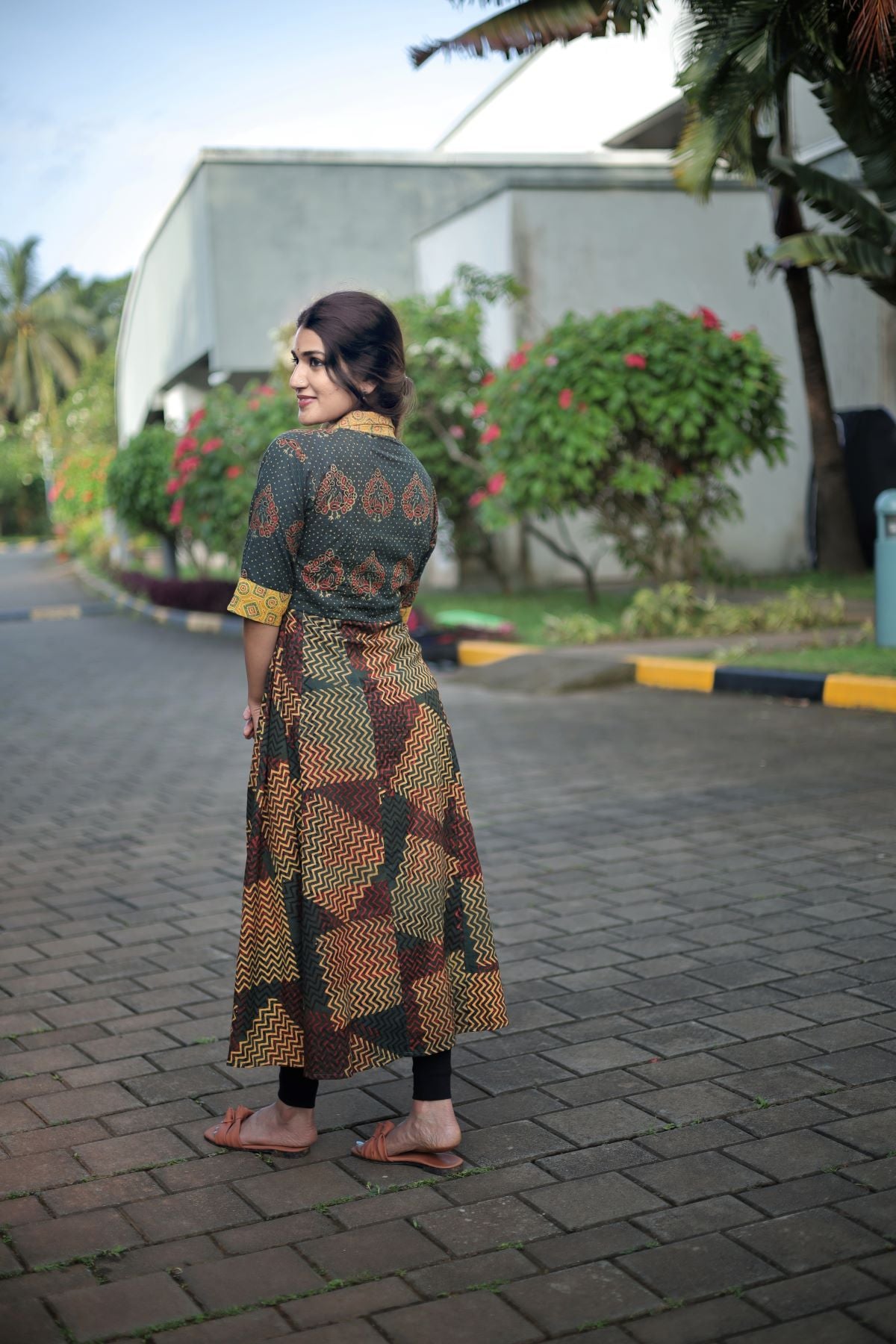Ajrakh Cotton Paneled Kurta with Collar & Wooden Button Details , Bottle Green - Mustard Yellow , KA1042