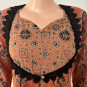 Ajrakh Cotton Y Neck Layered A Line Kurta with Lace and Mirror Details with Pocket, Peach, KA1048