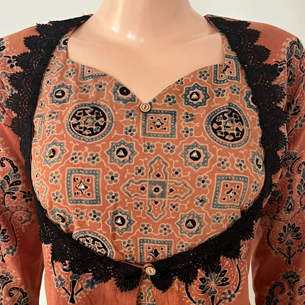 Ajrakh Cotton Y Neck Layered A Line Kurta with Lace and Mirror Details with Pocket, Peach, KA1048