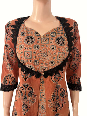 Ajrakh Cotton Y Neck Layered A Line Kurta with Lace and Mirror Details with Pocket, Peach, KA1048