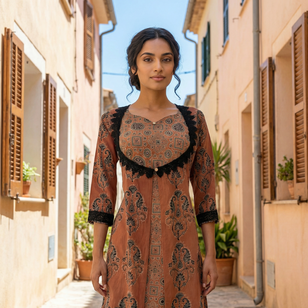 Ajrakh Cotton Y Neck Layered A Line Kurta with Lace and Mirror Details, Peach, KA1048