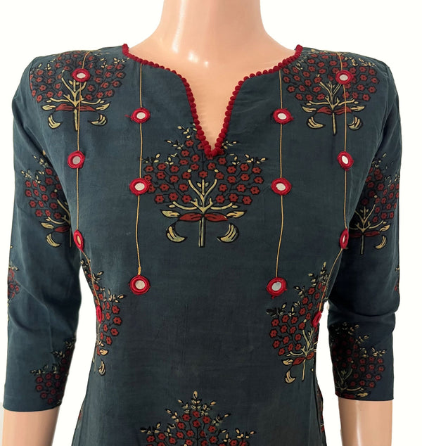 Ajrakh Cotton Y Neck Straight Cut  Kurta with Mirror Work Details & Pockets , Green, KA1049