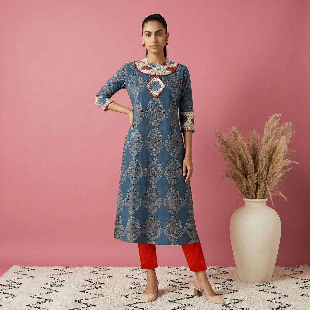Ajrakh Cotton Close Neck A Line Kurta with Lace and Mirror Details, Indigo Blue ,KA1050