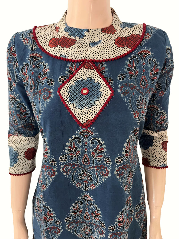 Ajrakh Cotton Close Neck A Line Kurta with Lace and Mirror Details with Pocket, Indigo Blue ,KA1050