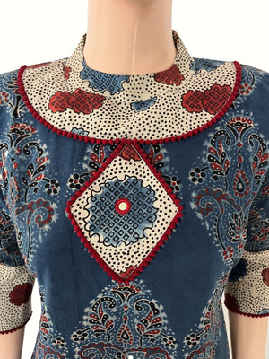 Ajrakh Cotton Close Neck A Line Kurta with Lace and Mirror Details with Pocket, Indigo Blue ,KA1050