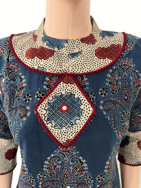 Ajrakh Cotton Close Neck A Line Kurta with Lace and Mirror Details with Pocket, Indigo Blue ,KA1050