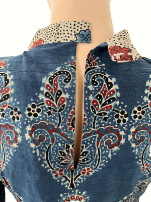 Ajrakh Cotton Close Neck A Line Kurta with Lace and Mirror Details with Pocket, Indigo Blue ,KA1050