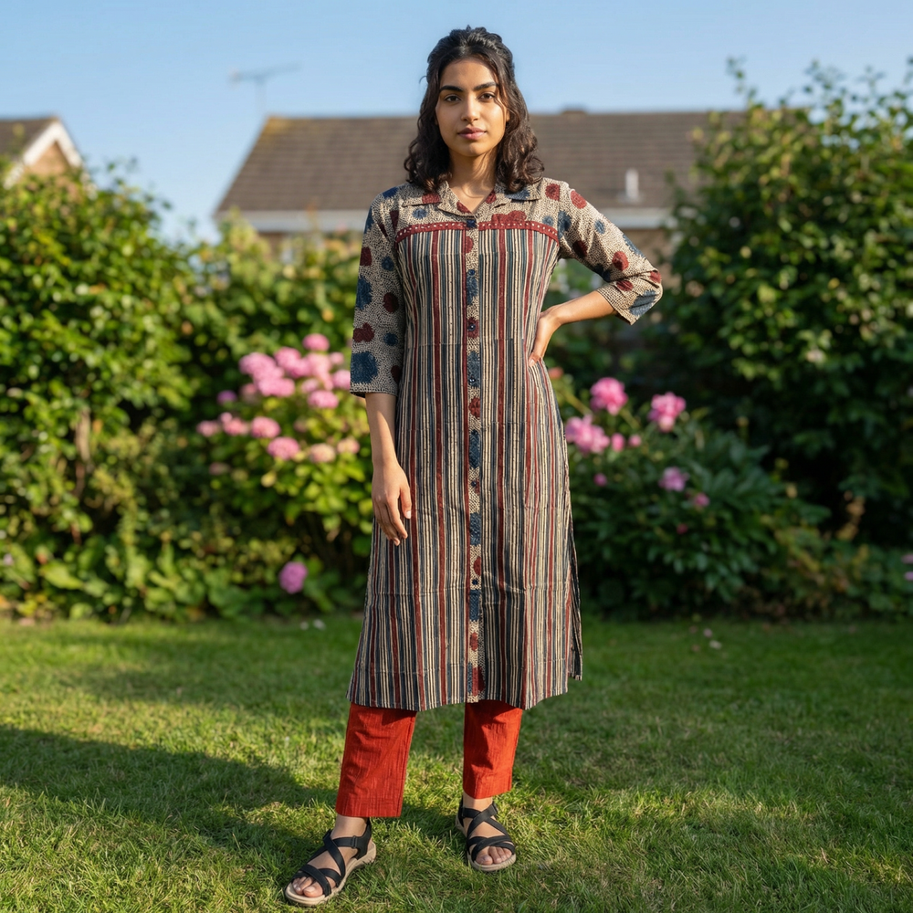 Ajrakh Cotton Shirt collar Straight Cut  Kurta with Lace and Button Details, Multicolor, KA1051