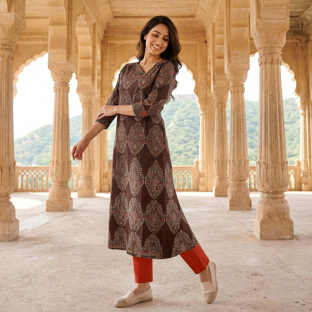 Ajrakh Cotton Triangle Neck A Line Kurta with Wooden Button Details, Brown, KA1052