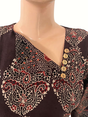 Ajrakh Cotton Triangle Neck A Line Kurta with Wooden Button Details with Pocket , Brown, KA1052