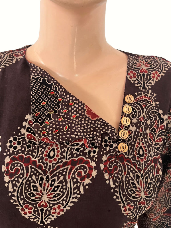 Ajrakh Cotton Triangle Neck A Line Kurta with Wooden Button Details with Pocket , Brown, KA1052