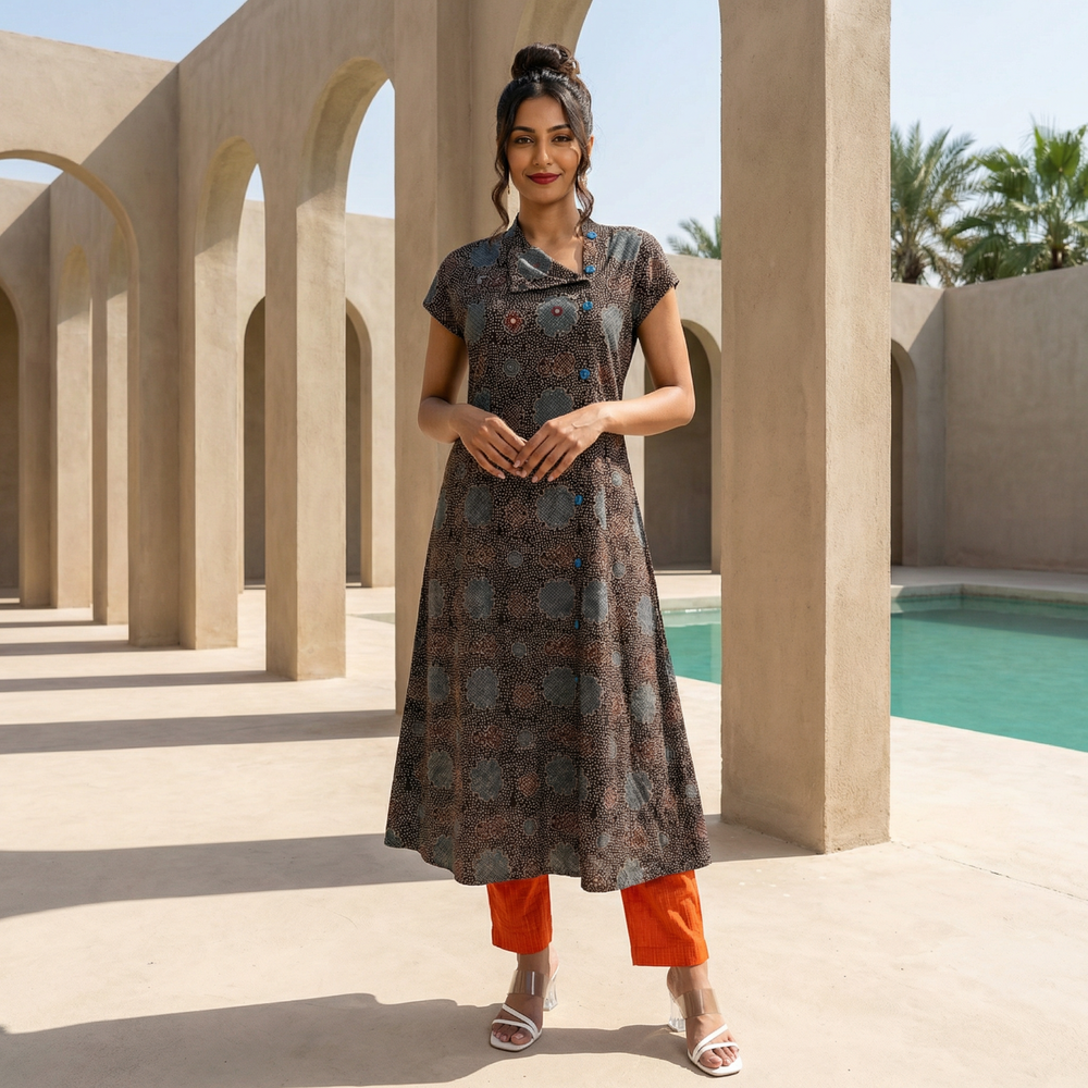 Ajrakh Cotton Triangle neck A Line Kurta with Mirror Details & Mega Sleeves, Black, KA1053