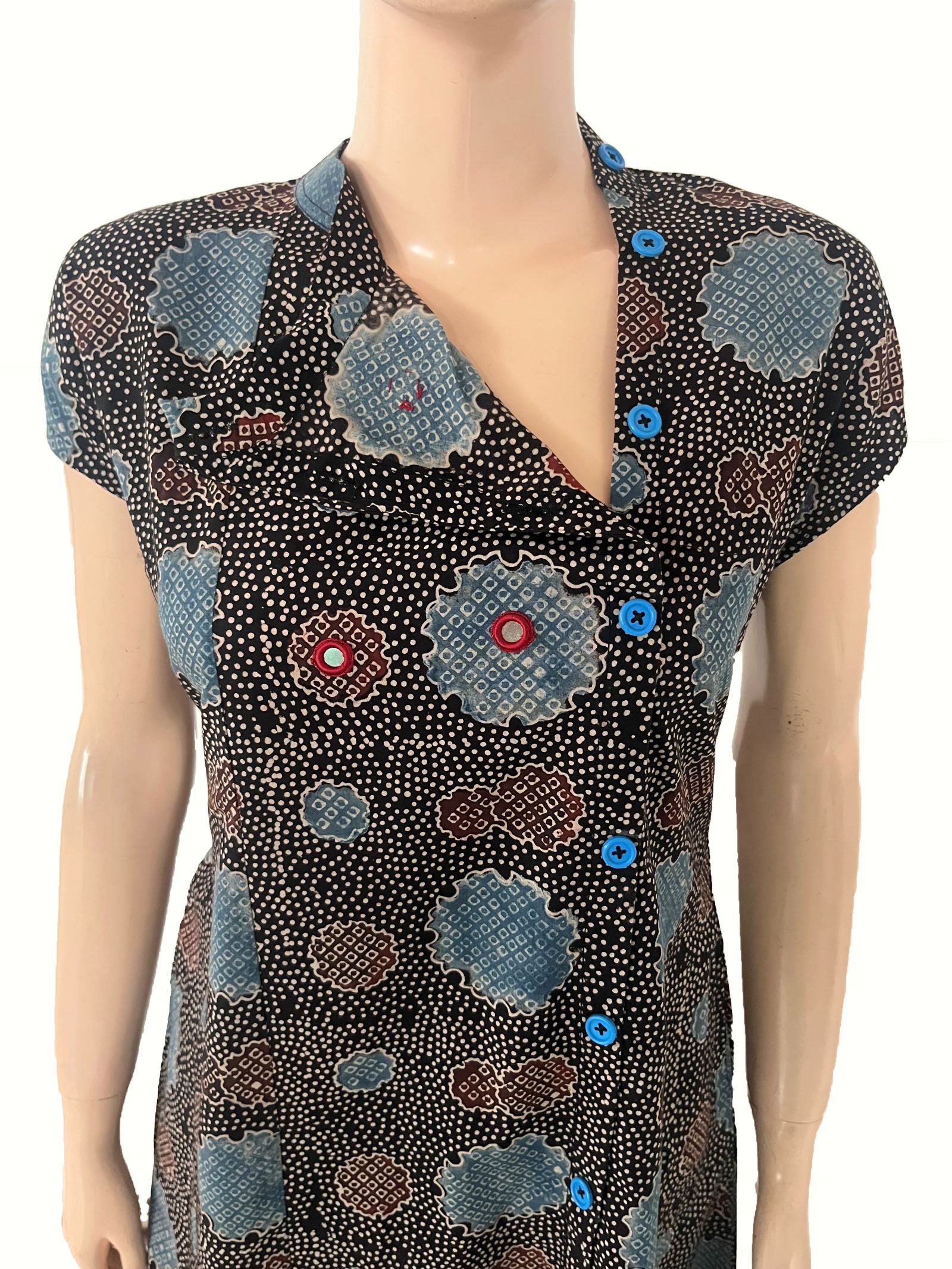 Ajrakh Cotton Triangle neck A Line Kurta with Mirror Details & Mega Sleeves with Pocket, Black, KA1053
