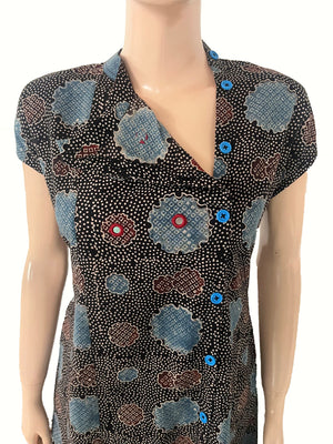Ajrakh Cotton Triangle neck A Line Kurta with Mirror Details & Mega Sleeves with Pocket, Black, KA1053